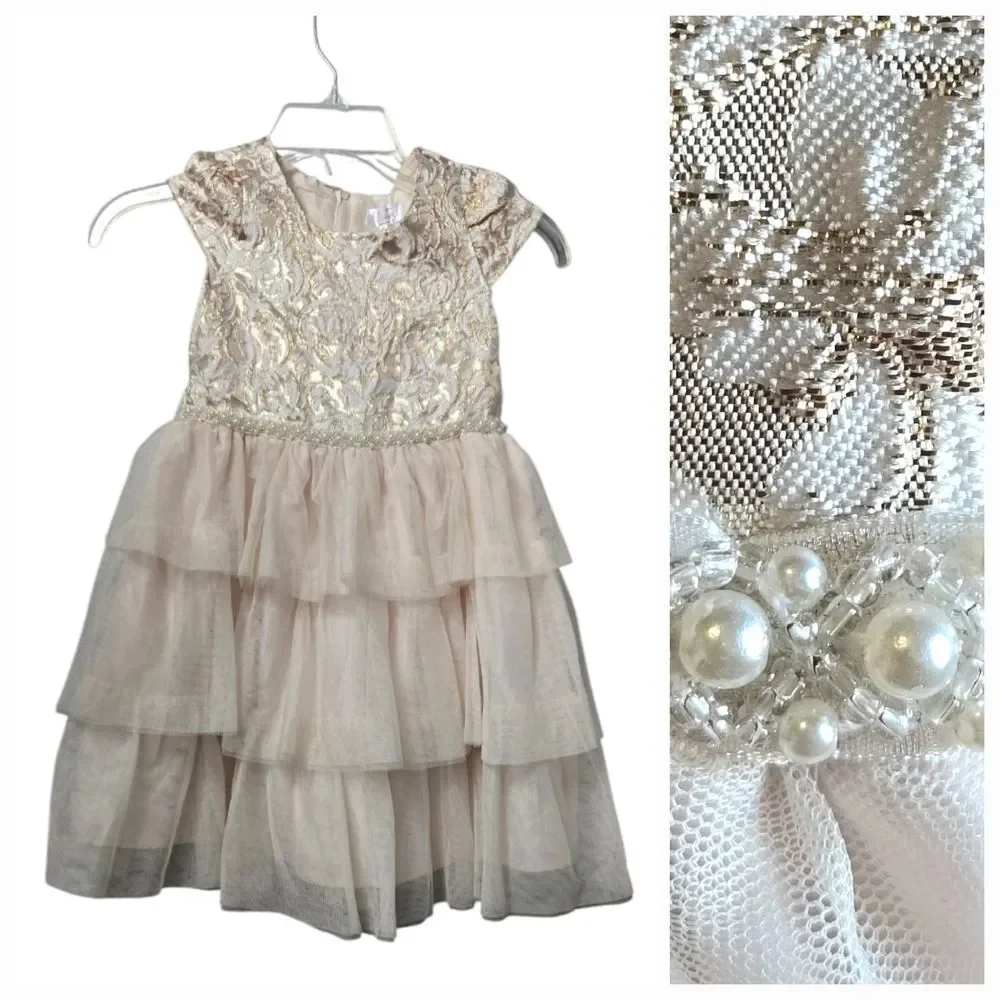 Biscotti Elegant Dress Gold Metallic Damask Flower Girl Formal Party Wedding